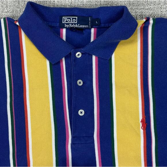Polo Ralph Lauren Shirt Sz L Blue Yellow Striped Classic Polo Short Sleeve 90s - Picture 6 of 12